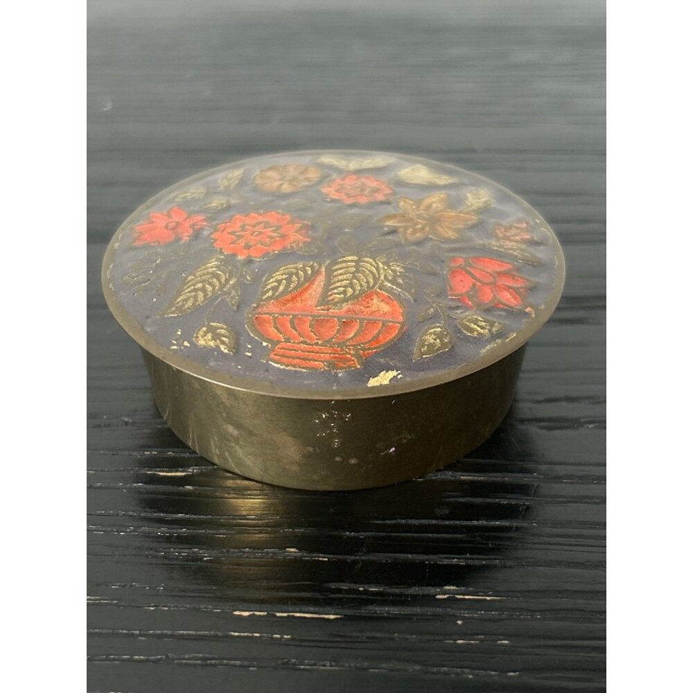 VTG Handmade Brass Trinket Box w/Floral Enamel Lid Made in India Boho Chic 2.25"